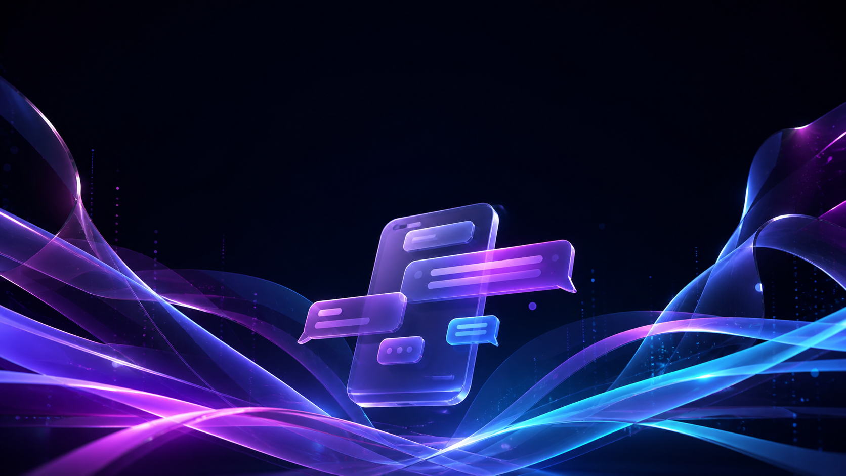 Abstract luminous chat interface floating among violet and blue ribbons
